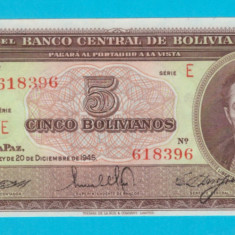 Bolivia 5 Bolivianos 1945 'Prima emisie de Bolivianos' aUNC serie: E 618396