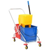 Carucior Curatenie Profesional, 2 Galeti 25L, Storcator Mop, PP+Otel Cromat, Galben/Rosu/Albastru, 65x35x96cm