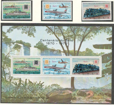 Angola 1970 Mi 577/79 + bl 3 MNH - 100 de ani de timbre foto