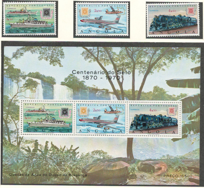 Angola 1970 Mi 577/79 + bl 3 MNH - 100 de ani de timbre