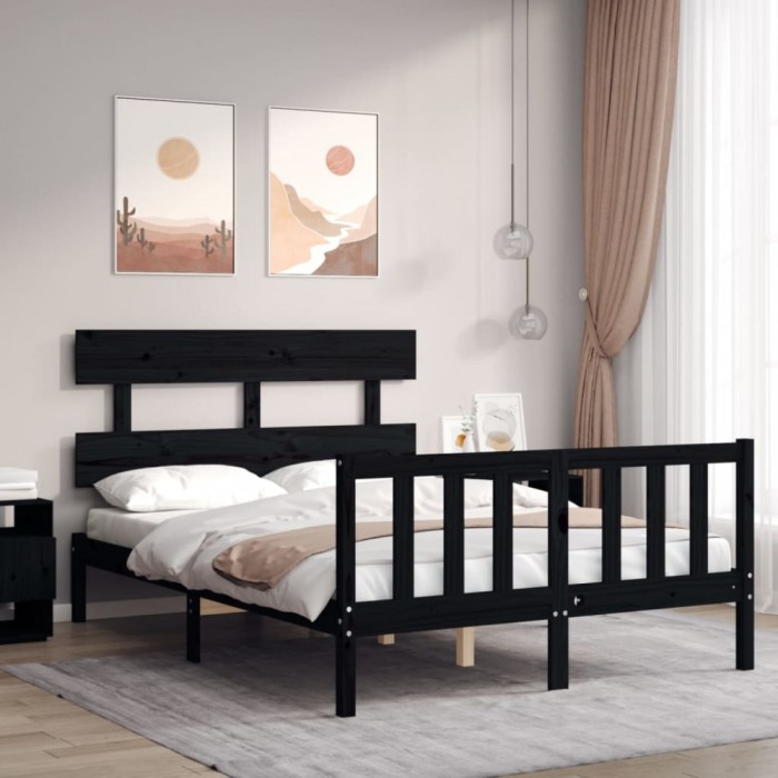 vidaXL Cadru de pat cu tăblie, negru, 140x190 cm, lemn masiv 3193255