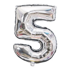 Balon din folie flippy, cifra 5, 81 cm, pentru aer sau heliu, bulk, argintiu