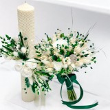 Set lumanari tip fagure si buchet cu trandafiri criogenati si plante naturale uscate si criogenate - Alb Verde smarald