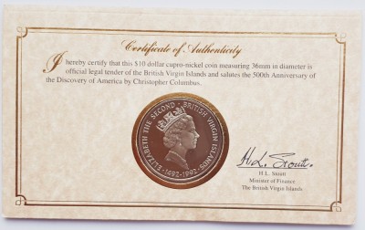 M01 Insulele Virgine Britanice 10 Dollars 1992 Christopher Columbus km 157 proof foto