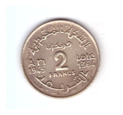 Moneda Maroc 2 francs/franci 1945, stare buna, curata foto