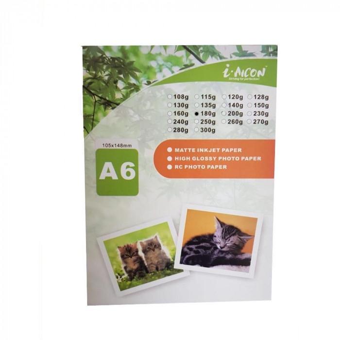 Set 20 Hartii Foto Glossy A6 i-Aicon, 180 g/m2, Hartie Foto pentru Imprimanta, Hartii Foto pentru Imprimanta, Set Hartii Foto pentru Imprimanta, Setur