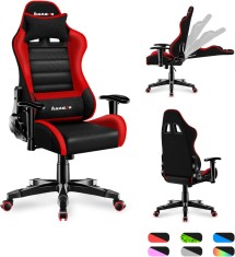 Scaun Gaming Pro din Piele Ecologica, Suport Lombar Ergonomic Ajustabil, Perna Tetiera Reglabile, Spatar Rabatabil 180&deg;, Pana la 140 kg &ndash; Negru Rosu -
