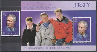 Jersey 2008 - A 60-a aniversare a nașterii Prințului Charles, Serie + Colita, Cota 20 EURO, MNH foto