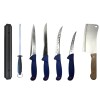 Set profesional de macelarie, injunghiat, transat, dezosat, filetat, satar, 4 cutite, suport magnetic, masat pentru ascutit