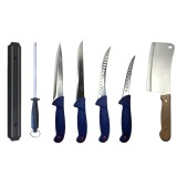 Cumpara ieftin Set profesional de macelarie, injunghiat, transat, dezosat, filetat, satar, 4 cutite, suport magnetic, masat pentru ascutit