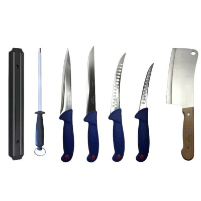 Set profesional de macelarie, injunghiat, transat, dezosat, filetat, satar, 4 cutite, suport magnetic, masat pentru ascutit foto