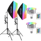 Cumpara ieftin Kit 2 Softbox, 2 Becuri LED RGB E27 45W, control prin telecomanda, inaltime ajustabila, pana la 200cm