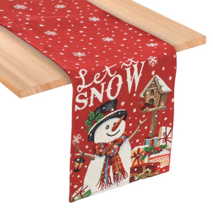 Napron Decorativ Crăciun, Model Om de Zăpadă, Roșu, 150x33cm, Bumbac 30% Poliester 70%