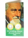 Austria 50 Schilling 1998 UNC,moneda comemorativa Konrad Lorenz in folderul de prezentare