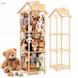 Organizator vertical pentru jucarii si plusuri cu 3 niveluri,din lemn natural de pin,corzi elastice laterale pentru acces rapid,structura rezistent