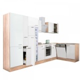 Mobilă de bucătărie de colț Yorki 370, corp din stejar sonoma, față alb satinat, element cuptor inferior, dulap cu rafturi, frigider congelator superi