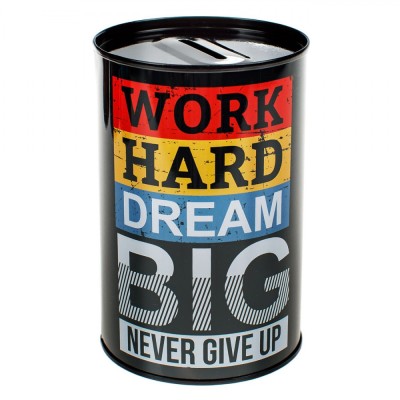 Pusculita Metalica, Model &amp;quot;Work Hard Dream Big&amp;quot;, Diametru 8x12cm, Negru foto