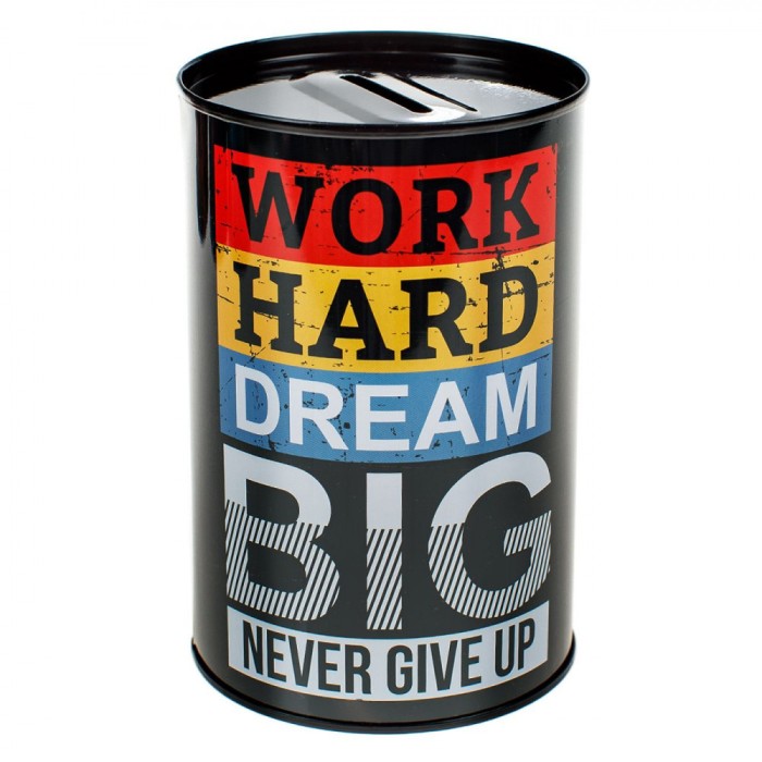 Pusculita Metalica, Model &quot;Work Hard Dream Big&quot;, Diametru 8x12cm, Negru