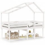 VidaXL Pat &icirc;nalt cu acoperiș, alb, 90x200 cm, lemn masiv de pin