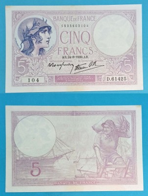 Franţa 5 Francs 1939 &amp;#039;Franţa cu cască&amp;#039; aUNC serie: 104 D.61425 p#83 foto