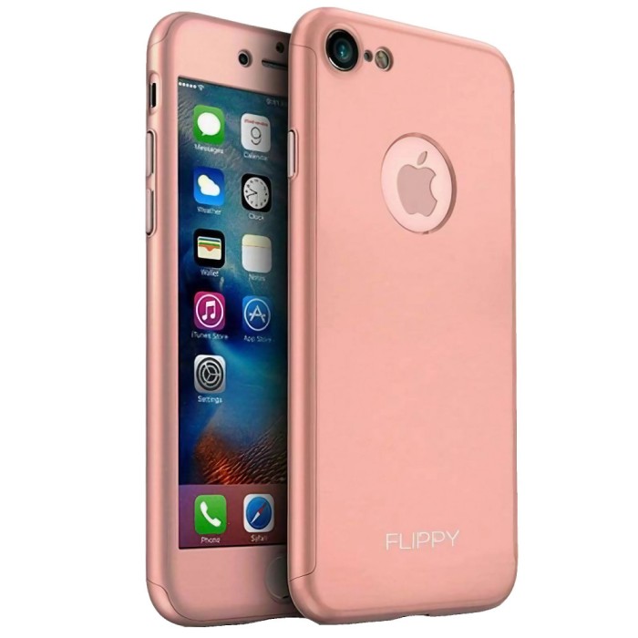 Husa protectile flippy premium full cover 360 pentru apple iphone 8, roz auriu cu folie sticla inclusa