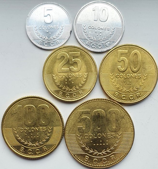 set 6 monede Costa Rica 5, 10, 25, 50, 100, 500 Colones 2007 - 2012 UNC - A026