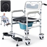 Scaun WC multifuncțional 5 in 1 tip toaleta de camera cu rotile, Linomag&reg;, Olita detasabila, Scaun de dus, pentru bătr&acirc;ni sau persoane cu mobilitate r