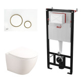 Cumpara ieftin Set complet vas WC suspendat Fluminia, Alfonzo, alb, cu rezervor Alca și clapetă alb și auriu