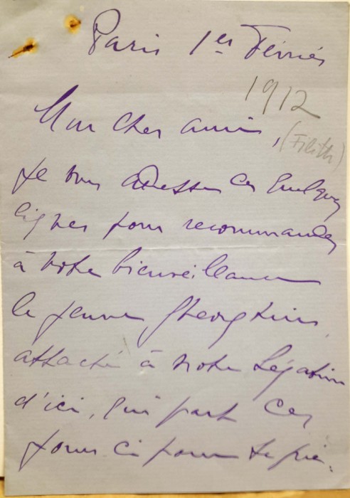 Filitti dela D. Miclescu: Scrisoare expediată din Paris &icirc;n anul 1912