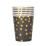 Set 10 pahare, flippy, imprimeu cu buline, din carton, 250 ml, 7 x 8.5 x 5 cm, negru/auriu
