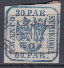 ROMANIA 1862 LP 10 PRINCIPATELE UNITE EMISIUNEA I - 30 PARALE ALBASTRU STAMPILAT PORTO KAHUL
