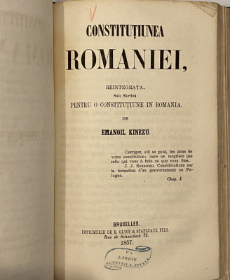 Emanoil Kinezu - Constitutiunea Romaniei carte veche 1857 foto