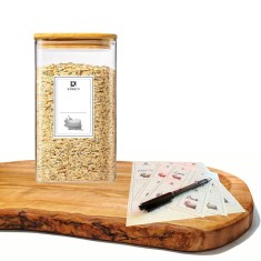 Recipient depozitare alimente, borcan din sticla borosilicata 1.6L, capac etans, Koken Organizare, Patrat, Capac Bambus, Autocolante, marker