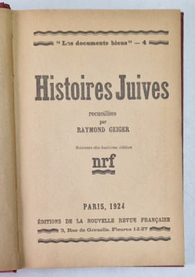HISTOIRES JUIVES - recueillies par RAYMOND GEIGER , 1924 foto