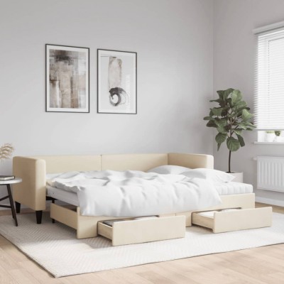 vidaXL Pat de zi cu extensie și sertare, crem, 80x200 cm, textil 3196631 foto