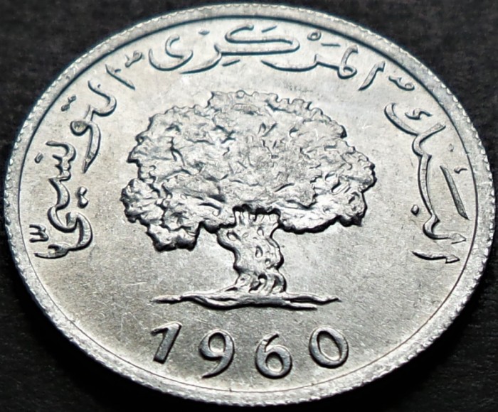 Moneda exotica 5 MILLIEMES - TUNISIA, anul 1960 * cod 2901 B = A.UNC
