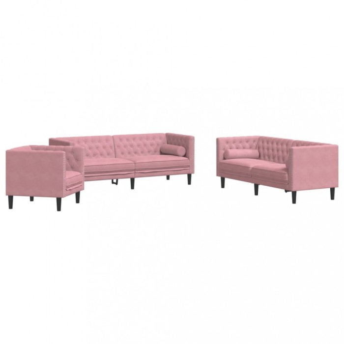 Set canapele Chesterfield cu perne rulou, 3 piese, roz, catifea