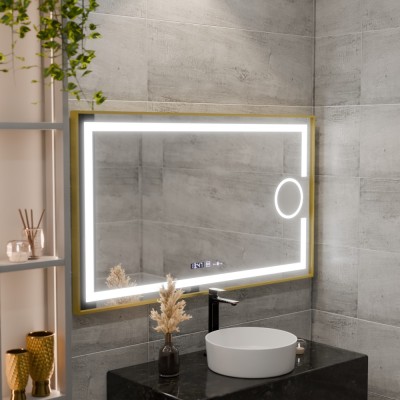 Oglinda LED Rectangulara, 110x65cm, Eclat MotionGlow Marcello, Sistem Dezaburire, Ceas &amp;amp; Termometru, Lupa Cosmetica, Dimabila, Rama Auriu Brushed Mode foto