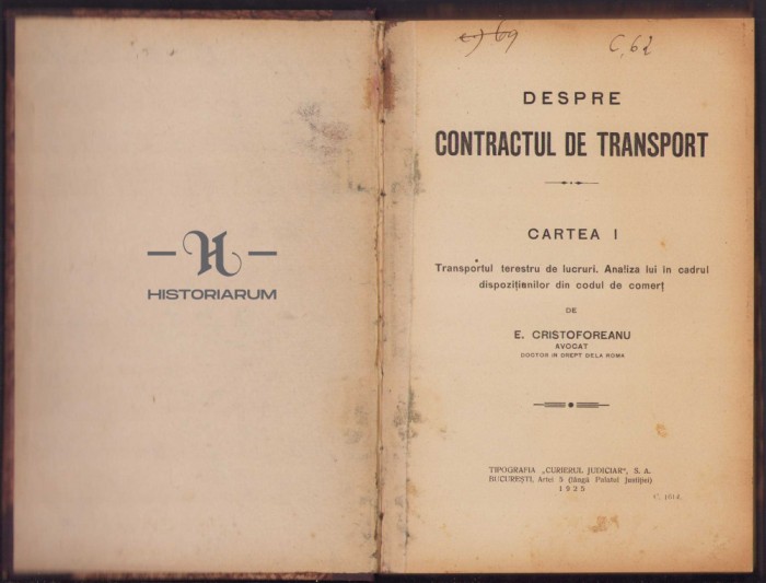 HST C123 Despre contractul de transport 1925 Cristoforeanu vol I