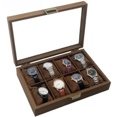 Caseta eleganta din lemn pentru depozitare si organizare 8 ceasuri, model Pufo Noble, maro foto