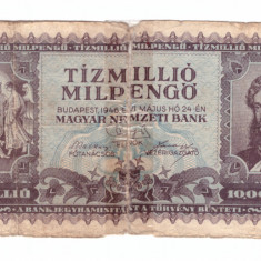 Bancnota Ungaria 10000000 pengo 24 mai 1946, circulati, rupti si lipiti cu scoci