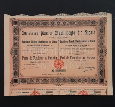 Actiune 1912 Soc. marilor stabilimente Sinaia , titlu , actiuni foto