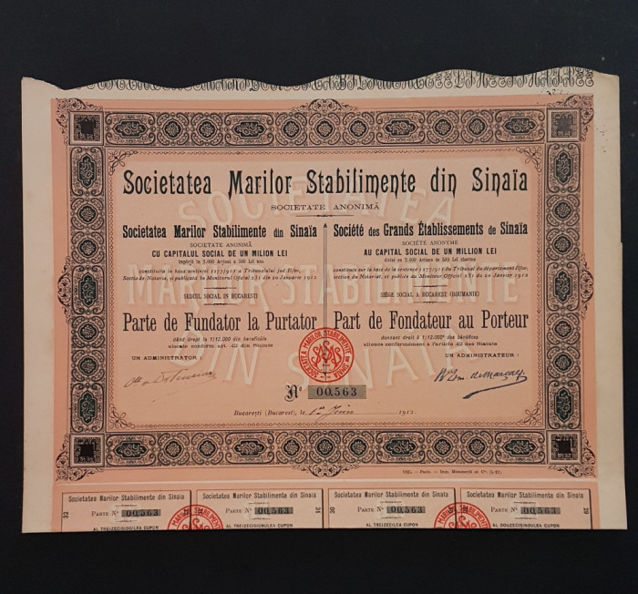 Actiune 1912 Soc. marilor stabilimente Sinaia , titlu , actiuni