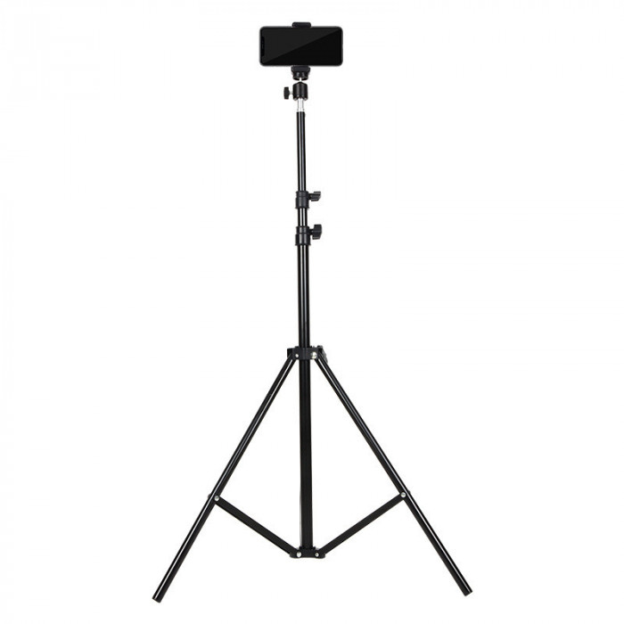 Trepied Foto Telescopic, Pentru Telefon/Camera Foto, Telecomanda Bluetooth, Rotire 360&deg;, H68-210cm, Husa, Aluminiu, OBRALIX&reg;