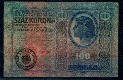 Austro-Ungaria 1912(1919) - 100 korona, stampila Romania-Ardeal, foto