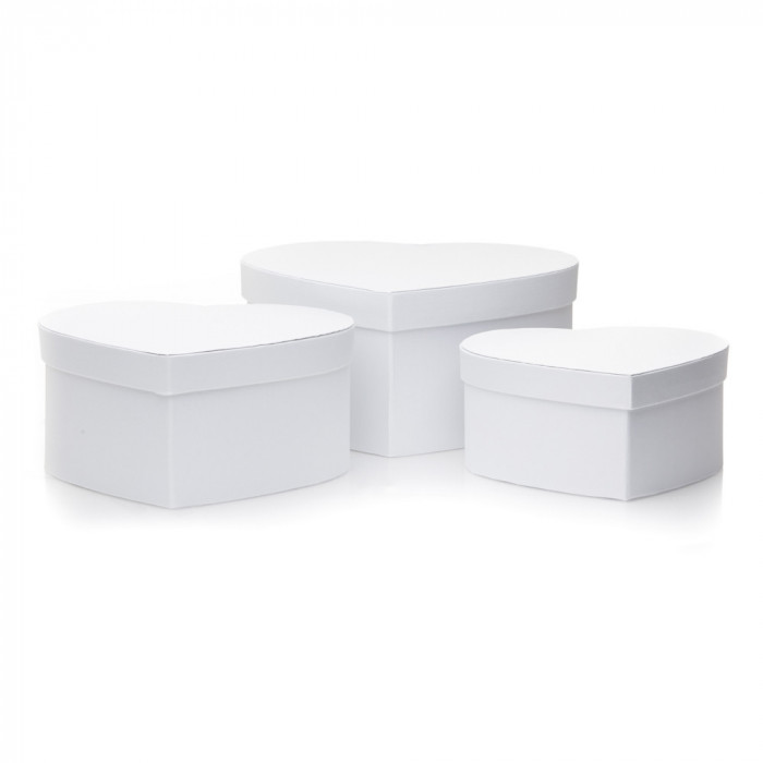 Set 3 cutii inimă satinate - alb