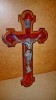 D385-Crucifix vechi intarsiat lemn nuc statuieta bronz anii 1900.
