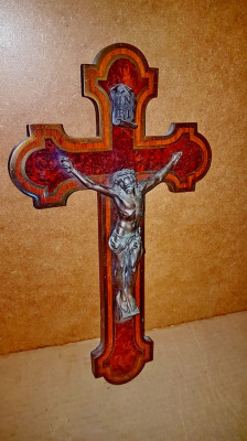 D385-Crucifix vechi intarsiat lemn nuc statuieta bronz anii 1900. foto