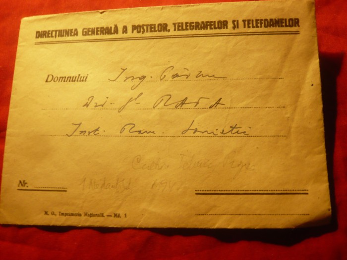 Plic Antet Directiunea Gen. a Postelor , Telegrafelor si Telefoanelor cca.1947