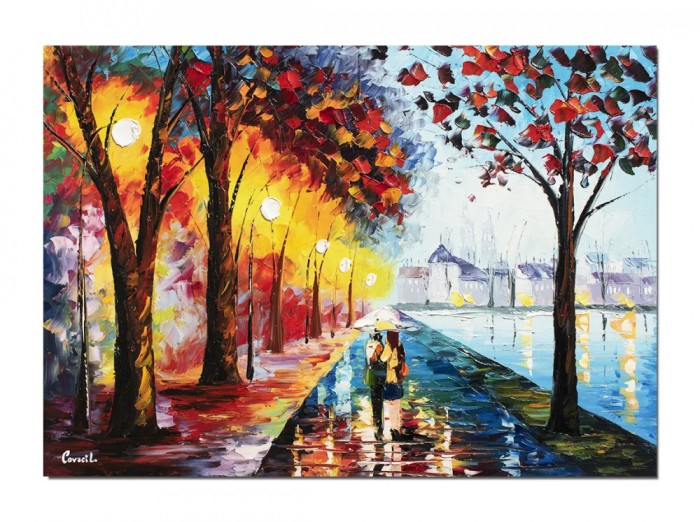 Tablou indragostiti pictat manual, Impreuna pentru totdeauna, pe aleea felinarelor, 70x50cm ulei pe panza